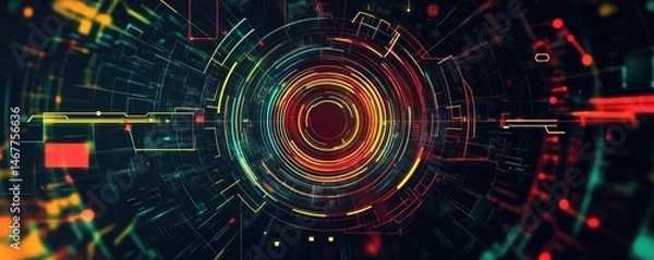 Fototapeta Abstract Circular Tech Design: Vibrant Neon Lines and Glowing Concentric Rings