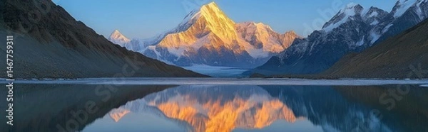 Fototapeta Majestic Mountain Reflection: Golden Hour Serenity