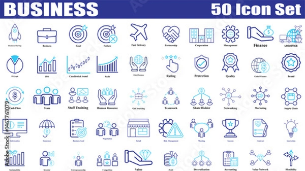Obraz Set of 50 Outline icons related to business. Flat Colorful Business icon collection Isolated. Editable Icon for teamwork, leadership, innovation, strategy, planning, vision, growth, success.