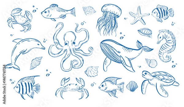 Fototapeta Whimsical hand-drawn crayon sea animals and fish sketches featuring vintage fish, shrimp, seashells, and squid in doodle style