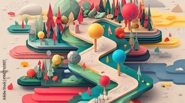 Fototapeta Colorful Abstract Map Featuring 3D Path Markers, Landmarks, and Vibrant Landscapes Generative AI