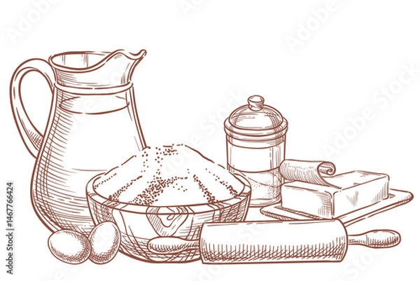 Fototapeta Baking and cooking ingredients. Vector hand drawn sketch illustration of flour, milk, butter, sugar, eggs