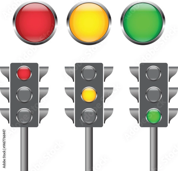 Fototapeta Traffic control signal light red, yellow and green color flat colorful highway light.