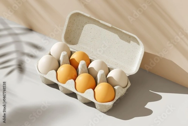 Fototapeta Floating 3D Egg Carton Mockup With Vibrant Eggs Against a Soft Backdrop Showcasing Shadows and Texture Generative AI