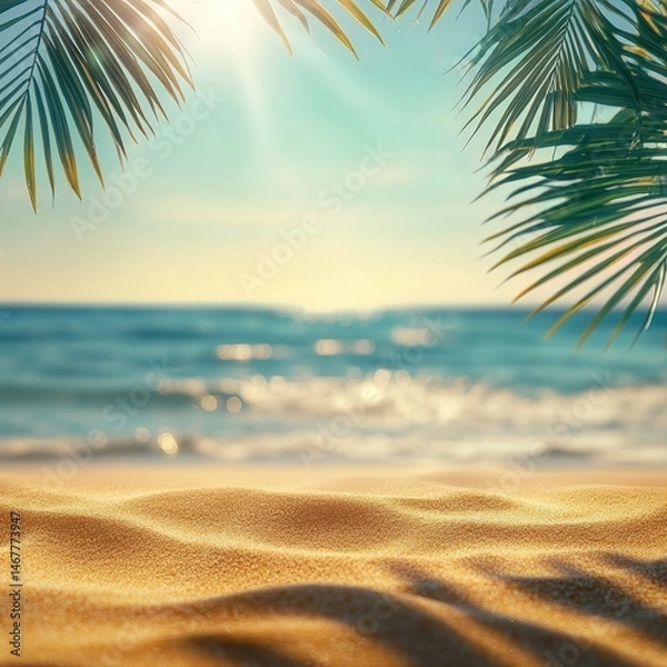 Fototapeta Abstract blur defocused background, nature of tropical summer beach with rays of sun light. Golden sand beach, sea water and palm leaves against sky. Copy space, summer vacation.