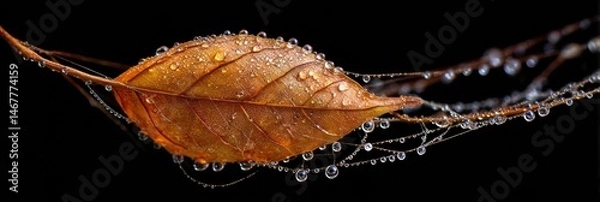 Fototapeta Dry Leaf in Spider Web Adorned With Morning Dew Glistening in Soft Light Generative AI