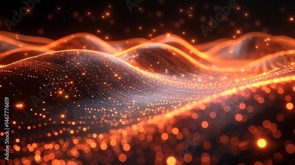 Fototapeta Glowing orange waves made of tiny digital particles undulate smoothly over a black background