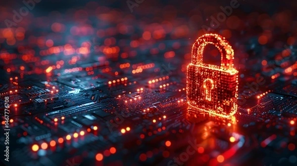 Fototapeta A glowing digital padlock is surrounded by red circuit lights on an electronic board, emphasizing security