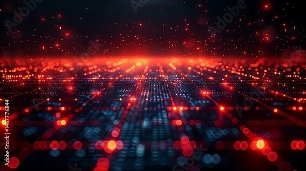 Fototapeta A vibrant digital landscape is filled with glowing red points and lines, resembling a futuristic data grid