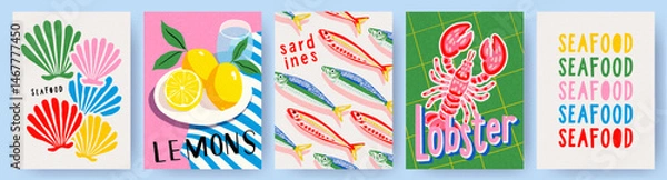 Obraz Сollection of cute summer Mediterranean posters, cards templates with lemons, seashells, sardines pattern, lobster and seafood typography design. Trendy summer design for branding, ads, print, decor