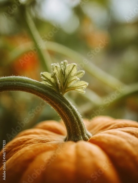 Fototapeta Close-up View of a Pumpkin Stem With a Blurred Background Showcasing Autumn Colors and Textures in Nature Generative AI