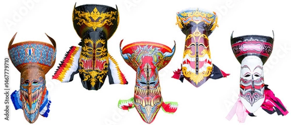Fototapeta thai ghost mask isolated on white background. Phitakhon Festival Top view.