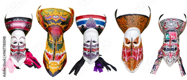 Fototapeta Set of Thailand Ghost Festival masks for the Phi Ta Khon Festival onwhite background