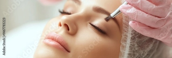Fototapeta Beautician Applying Makeup in Soft Focus With a Bright Upper Zone for a Client During an Afternoon Appointment at a Beauty Studio Generative AI