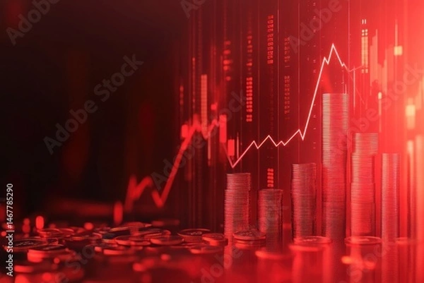 Fototapeta Rising stock market graph with stacks of coins.  Red hue emphasizes financial growth