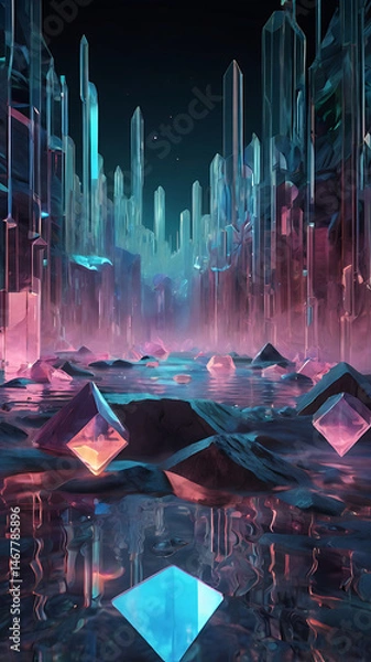 Obraz 3D-rendered floating terrain composed of transparent prisms and glowing shapes, surreal sci-fi mood


