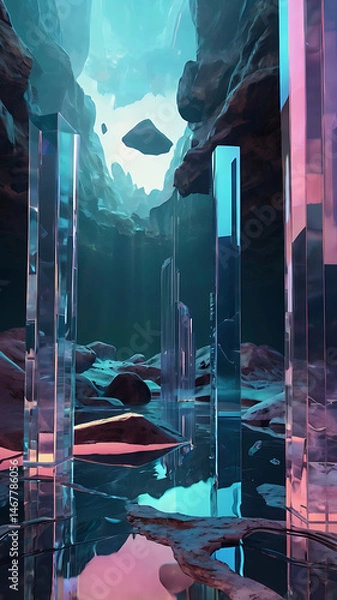 Obraz 3D-rendered floating terrain composed of transparent prisms and glowing shapes, surreal sci-fi mood


