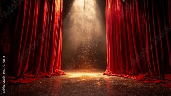 Obraz Dramatic Red Stage Curtains Open with a Spotlight and Sparkling Confetti
