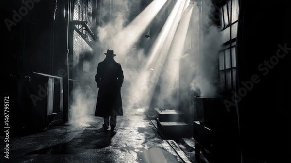 Fototapeta Blades of fluorescent light slice through steam in an alleyway, casting dramatic shadows over the silhouette of a detective