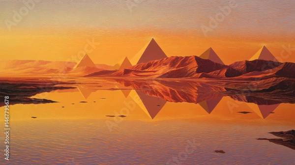 Fototapeta A surreal desert landscape ripples like water under a mirrored reflection effect, with pyramids on the blazing orange horizon