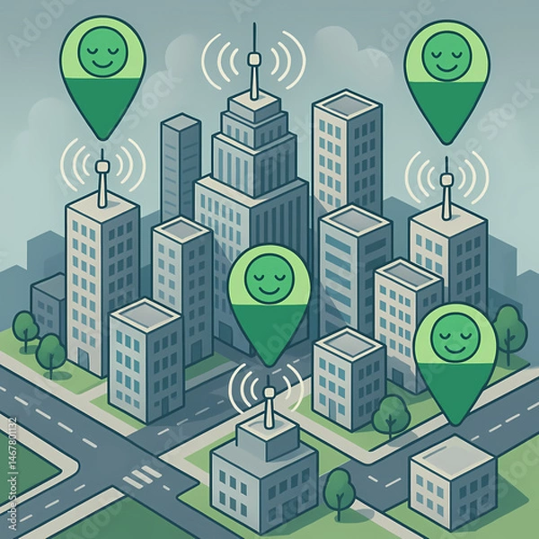 Obraz Illustration of Cellular Antennas with Radiation Control Indicators – Safe Signal Emissions and Telecom Regulation Concept in Urban Environment