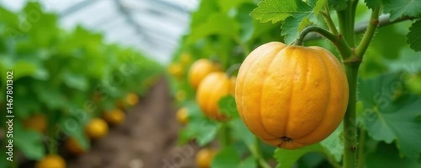Fototapeta Ripe cantaloupes growing on vines in a greenhouse , plant, farm, cultivation