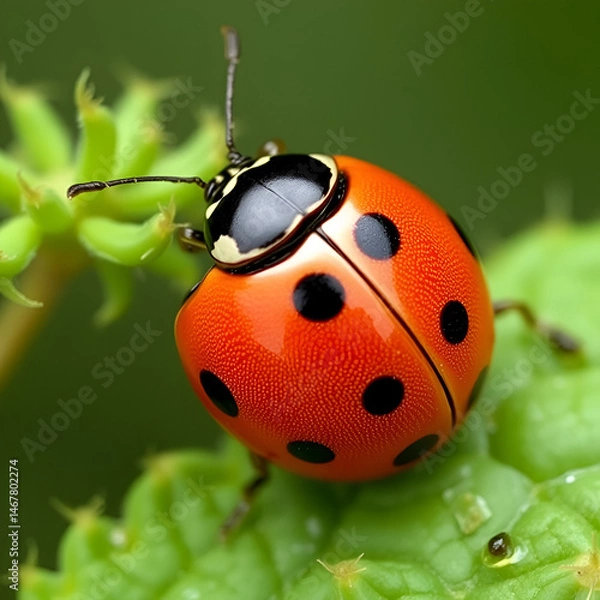 Fototapeta Asian ladybug on stinging-nettle is eating delicious aphids (Harmonia axyridis)