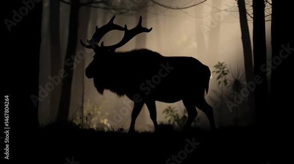 Fototapeta Silhouette of a large European moufflon in the forest