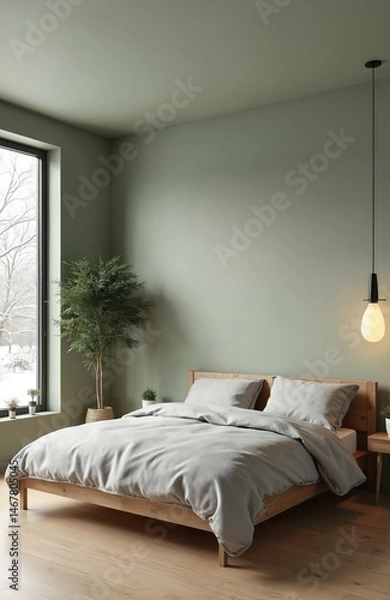 Fototapeta Minimalist bedroom interior olive green walls. Wooden bed frame grey bedding. Decorative tree near window. Modern design, natural light. Comfortable, cozy, relaxing atmosphere. Ideal for home decor