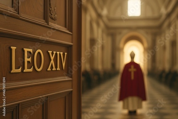 Obraz A symbolic image  commemorating the election of Pope Leo XIV. The image features a close-up of a grand wooden door inscribed with “LEO XIV” in gold letters. In the background, a newly elected pope