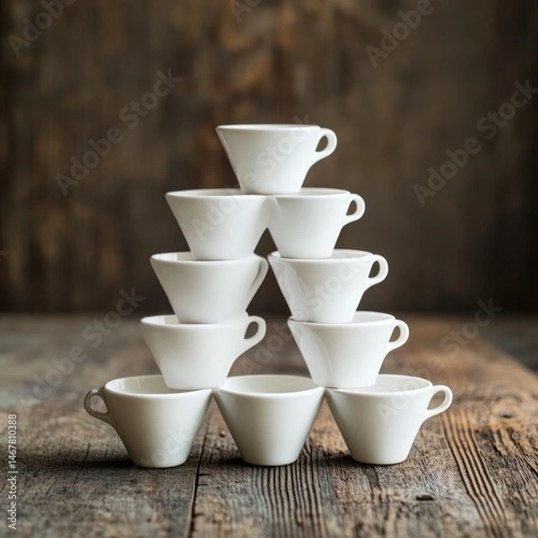 Fototapeta Stacked white coffee cups in a triangle shape on a wooden table