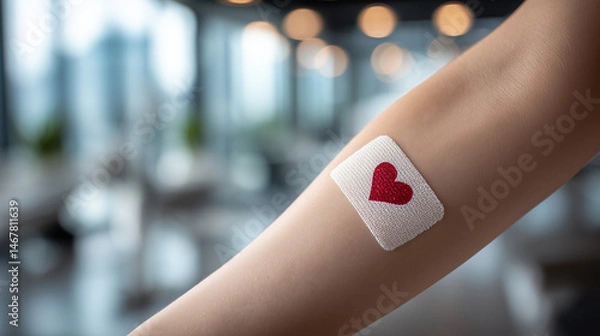 Obraz Donor arm with heart bandage after blood donation