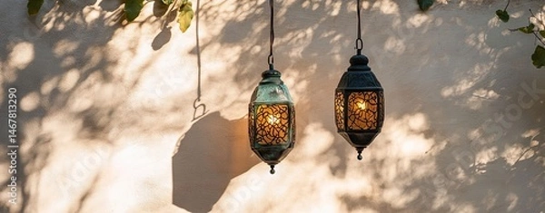 Fototapeta Two lanterns hanging from a wall, one of which is lit