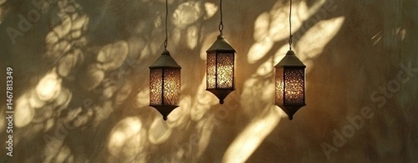 Fototapeta Three lanterns hanging from the ceiling, casting shadows on the wall