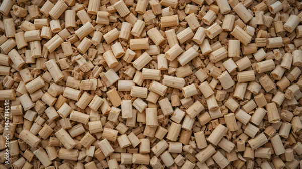 Fototapeta Wood filler for cat toilet, top view. Hygienic filler for pets. Wood pellet cat litter as background, closeup. Pressed wood, large granules. Pellets. A pile of wood granules. Texture