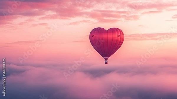Fototapeta A red hot air balloon with a heart on it is flying in the sky