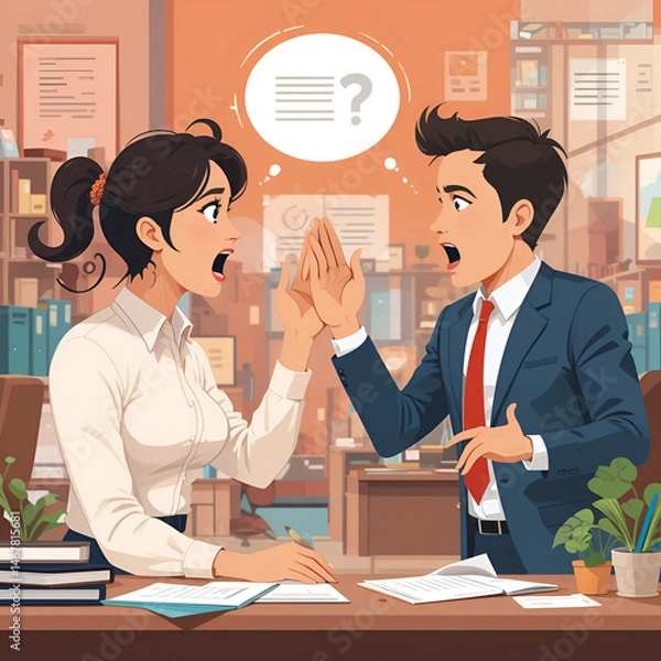 Fototapeta People conflicting with toxic selfish coworker. Concept of unhealthy environment, teamwork problems and bad relationships in office. Colored flat vector illustration of colleague's argument