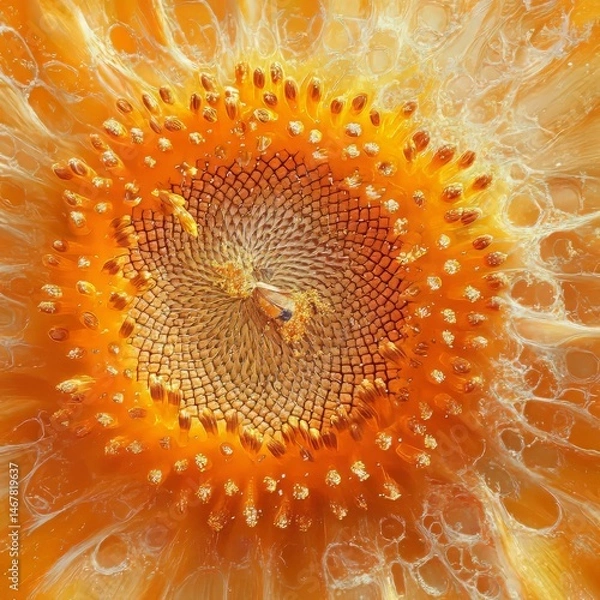 Obraz September Sunny Pollen Macro sunflower with bee golden hour backlight square ultradetailed pollen textures Image