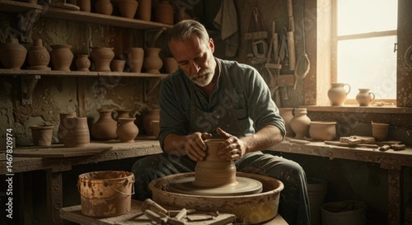 Fototapeta Man shaping clay on pottery wheel in workshop with shelves of pots.