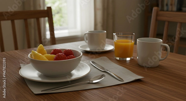 Fototapeta Bright Morning Setup with Fresh Fruits and Beverages on Table