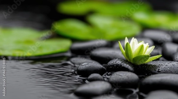 Fototapeta Serene water lily blooming on smooth stones amidst tranquil water and green lily pads