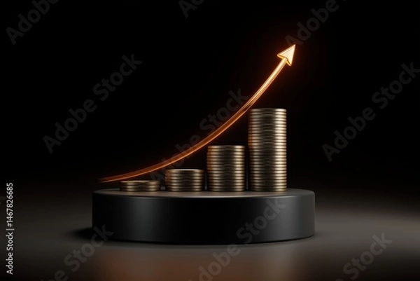 Fototapeta A sleek, modern image showcasing stacks of neatly arranged golden coins on a matte black pedestal.