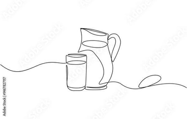 Fototapeta Jug and glass one line drawing on white isolated background vector illustration, Continuous single line sketch drawing of hand pouring a jug tea pot jar of fresh milk juice into glass.