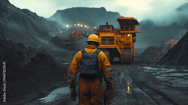 Fototapeta Industrial Mining Operation: Safety First; A lone miner in protective gear walks amidst massive mining machinery, conveying a sense of scale, hard work, and the potential risks within the extractive