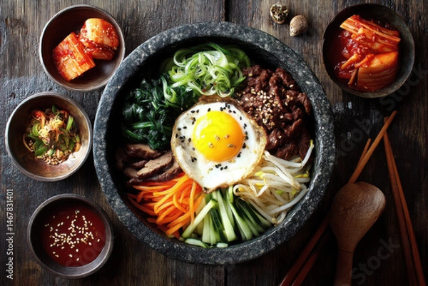 Fototapeta With its colorful array of vegetables, perfectly cooked egg, and rich gochujang sauce, bibimbap offers stunning visual contrast and texture that make it a favorite subject in food photography
