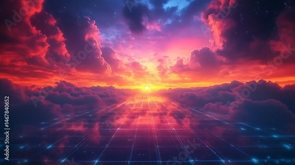 Obraz Pathway to a radiant sunrise amid vibrant clouds and a futuristic grid