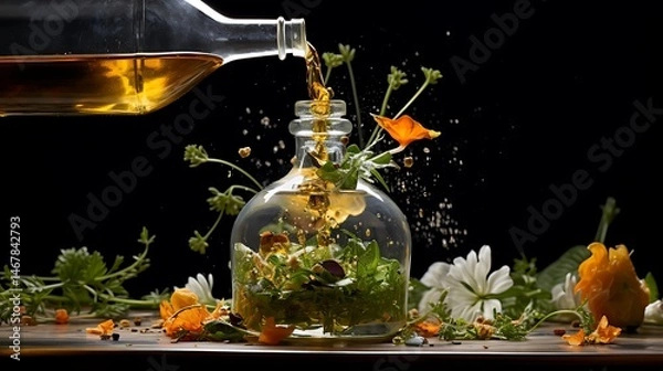 Obraz Pouring golden liquid into a botanical arrangement inside of a glass container