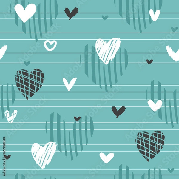 Obraz Seamless vector pattern with white gray blue hearts on light blue striped background, simple universal design, perfect for textile, fabric, paper, home decor, minimalist, romantic, love