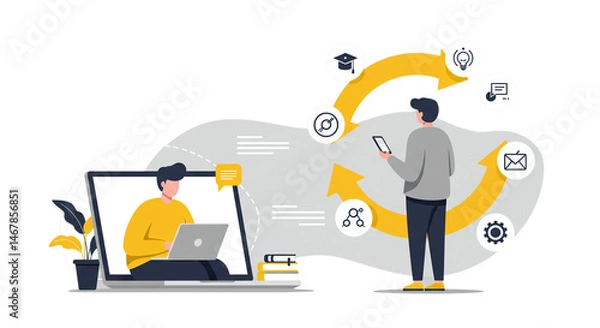 Fototapeta Virtual Learning and Digital Communication with Laptop, Smartphone, and Icons

