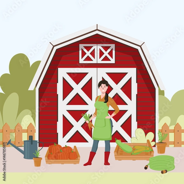 Fototapeta Cartoon Color Character Woman Farming in Rural Farm Scene Concept Flat Design Style . Vector illustration of Agricultural Worker